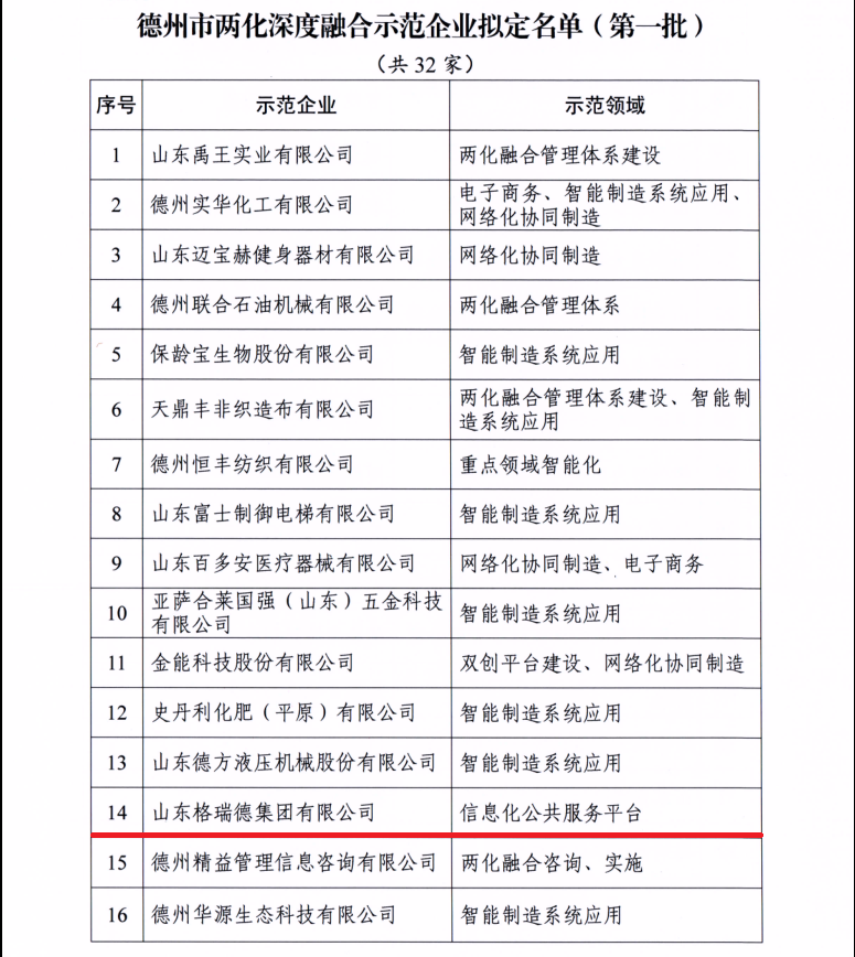 GRAD山東格瑞德集團有限公司入圍德州市兩化深度融合示范企業(yè)